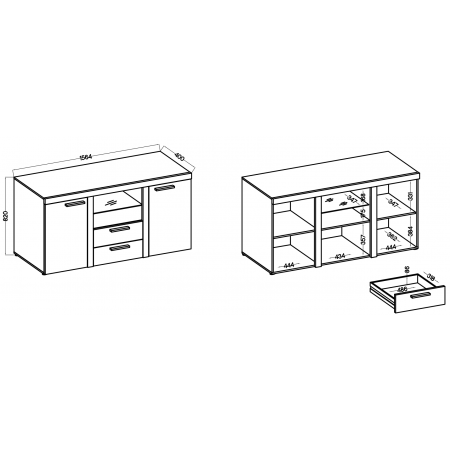 Komoda Ramon 2-drzwiowa z szufladami dąb olejowany szklana półka 156 cm