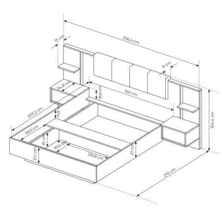 Łóżko 160 x 200 cm stelaż metal pojemnik stoliki + LED beż DAVE
