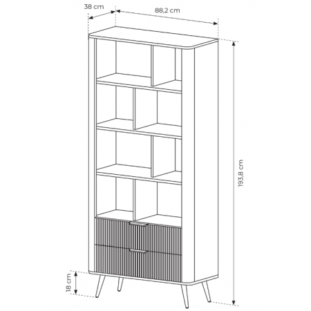 Czarny regał z ryflowanymi frontami zaokrąglone boki LANETT