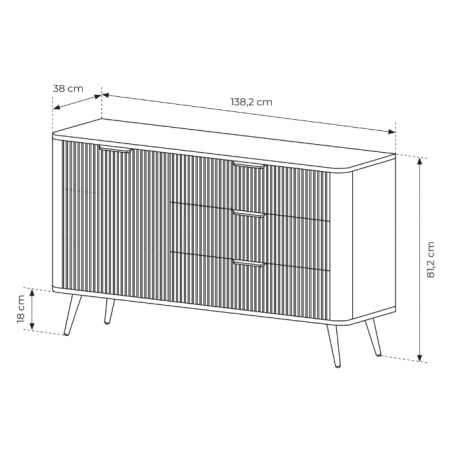 Komoda 138 cm szuflady ryflowane fronty beż + złoty zaokrąglone boki  LANETT
