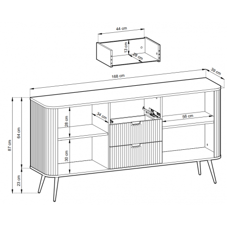 komoda 3-drzwiowa z szufladami 168 cm ryflowany front ZAVO czarna nogi złote metal